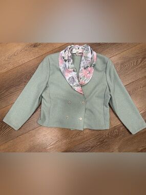 Vintage TanJay Pastel Mint Double-Breasted Blazer with Floral Scarf Collar 10p